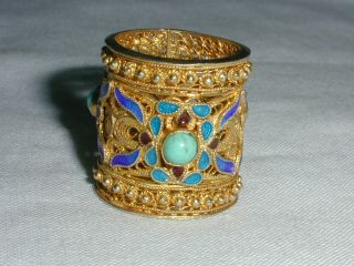Vintage Gold Washed Sterling Chinese Export Ring - Turquoise & Enamel - Size 4