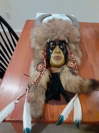 Native American Warrior Spirit Mask Handcrafted Fur Feathers Wall Hanging Decor