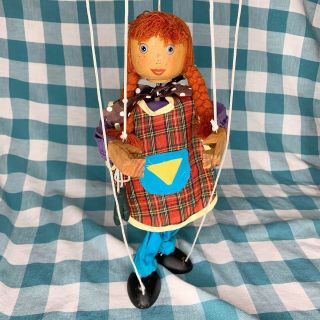 Vintage Girl With Braids Hand Made Carved Marionette String Puppet