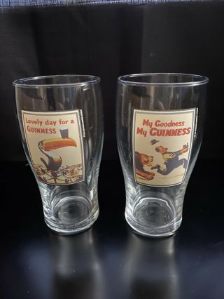 Guinness 2 Pint Beer Glasses " Lovely Day " Toucan And Lion Logo Collectible
