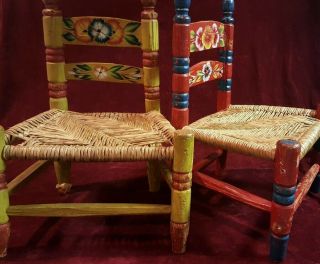 Set Of 2 Vintage Mexican Folk Art Rush Seat Hand Painted Chairs