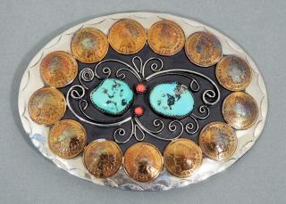Vtg Hand Crafted German Silver Turquoise Coral & Indian Pennies Belt Buckle