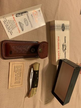 Vintage Shark Tooth Sportsman’s Lock Blade Folding Knife Sheath Case P197 L Ssp