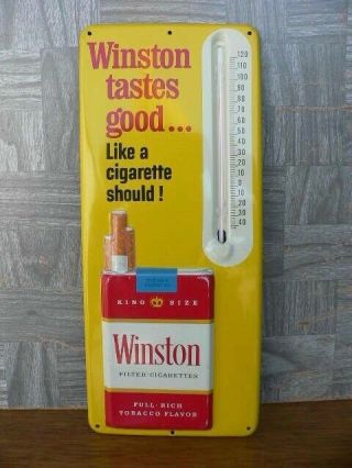 Vintage Winston Cigarettes Embossed Metal Advertising Thermometer