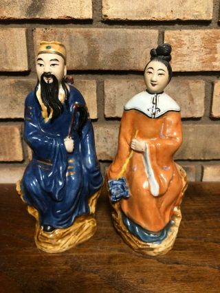 2 Old Vintage Ceramic Clay Figures Sculptures Emperor & Empress Signed China