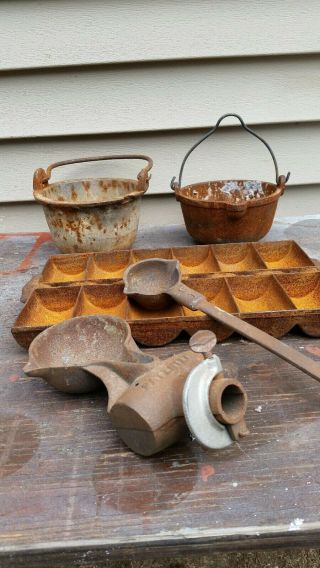 Vintage Cast Iron Melting Pots.  Ladles.  Ingot Mold