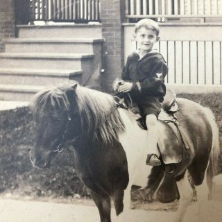 Vintage Photo Young Child On Pony Horse In Navy Uniform