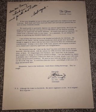 John Glenn Hand Signed Vintage Letter To A Fan Nasa Mercury Astronaut W/ A Note