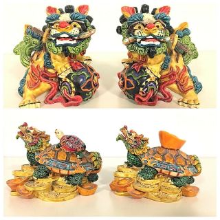 Feng Shui Vintage Chinese Resin Figurines Of Foo Dog & Dragon Turtle (2 Pairs)
