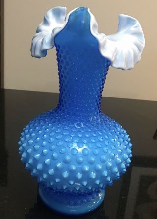 Vintage 10 3/4” Fenton Glass Blue & White Hobnail Vase