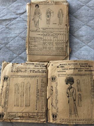 3 Vintage Early 1900’s Mccall’s And Butterick Sewing Patterns