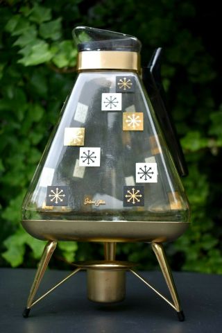 Vtg Inland Glass Atomic Starburst Coffee Pot & Warmer Dramatic Gold Black Evc