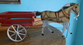 C1905 American Toy Horse Pulling Wagon; Wood Horse And Wagon W/cast Iron Wheels