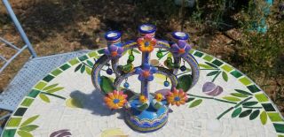 Mexican Tree Of Life Folk Art Candle Holder Clay Pottery Birds And Flowers