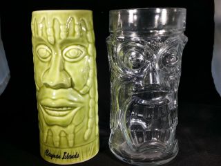 2 Moai Easter Island Head Tiki Bar Mugs Glasses Glass Cayman Islands