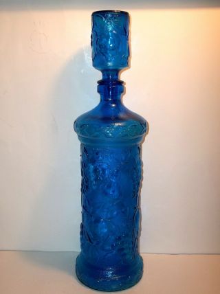 Vintage ITALIAN Art Glass DECANTER Bottle TURQUOISE BLUE 19.  5 