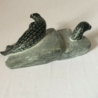 Inuit Small Soapstone Carving Two Seals On Ice Floe