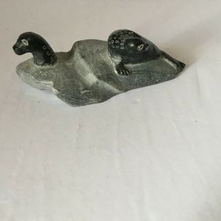 Inuit Small Soapstone Carving Two Seals on Ice Floe 2
