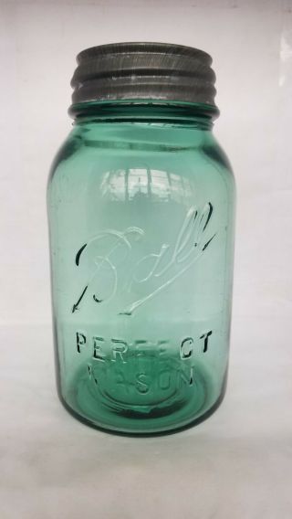 Vintage Apple Green Ball Perfect Mason Quart Jar W/zinc Lid