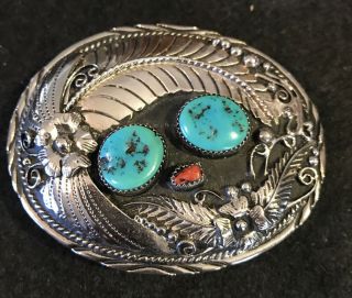 Ssi Usa Feather Flower Belt Buckle Silver 2 Turquoise Nuggets & 1 Coral