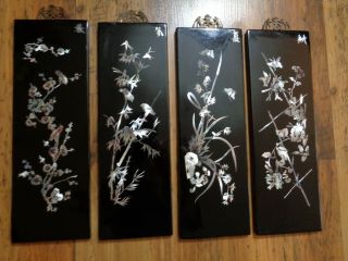 Set Of 4 Seasons Asian Laquer Mother Of Pearl Plaque Wall Hangings