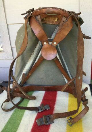 Vtg Hiking Wwii 3 Crown Swedish? Military Canvas Rucksack Backpack Frame Leather