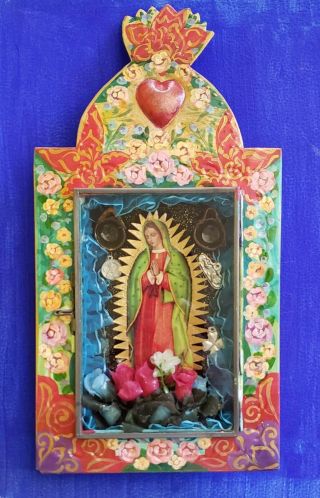 Virgen De Guadalupe Tin Shadow Box Wall Hanging Nicho Folk Art Heart
