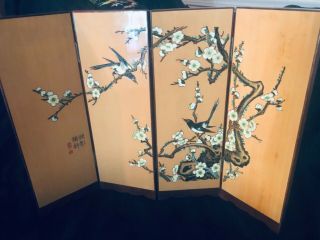 Vintage Japanese Table Folding Screen 4 Panel Cherry Blossom With Birds 16 - 1/2”