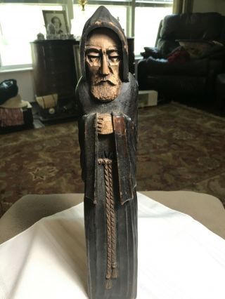Vintage 15” Tall Hand Carved/painted Wood Monk Friar Signed Made In Mexico