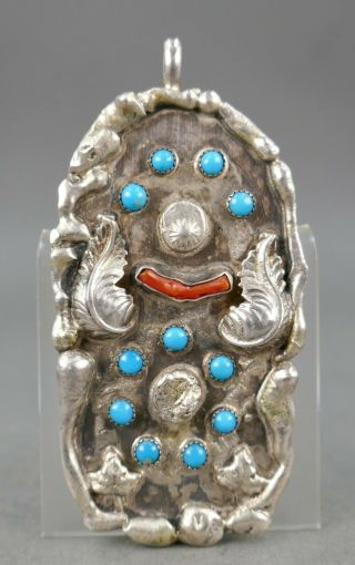 Fine Vtg Navajo Indian Sterling Silver Turquoise Coral Jb Necklace Pendant