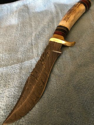 Vintage Hand Made Knife Damascus Steel With Antler Handle.