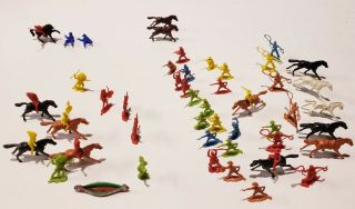 Vtg Cowboys Indians Horses & Canoe 1 " Miniature Made In Hong Kong Plastic 55pcs