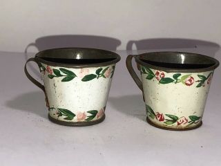 Pair 2 Vintage Ohio Art Tin Litho Child Toy Cups Tea Cup Rosebuds Garland Floral