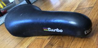 Vintage Selle Italia Black Leather Turbo Saddle W/ World Champion Stripes