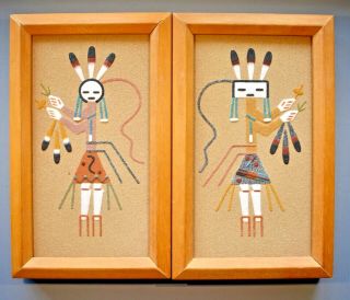 Vintage Pair Native American Sand Paintings Navajo Yei Bi Chei Signed R Watchman