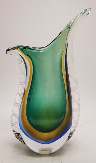 Vtg Murano - Style Green Blue Brown Art Glass Vase 11 " Tall Narrow Top Opening