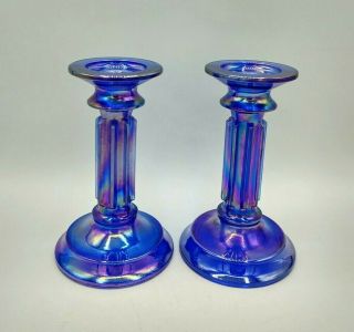 Vtg Set 2 Cobalt Blue Iridescent Glass Carnival Pillar Candlestick Holders