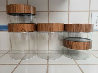 Pyrex Canisters Stackable Set 5 Vintage See & Store 1970s Glass Woodgrain Lids