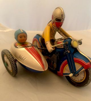 Vintage Mechanical Wind Up Tin Toy Motorcycle With Side Car Runs