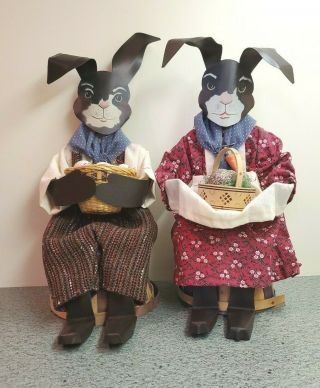 Set Of 2 Vintage American Folk Art Shadowdancer Rabbits,  Signed Young 