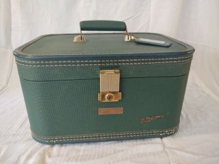 Vtg Lady Baltimore Train Case Luggage Green W/ Mirror And Luggage Tag