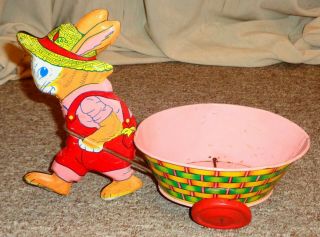 Vintage J.  Chein Tin Litho Rabbit Pulling Egg Cart Toy Bunny Easter Rabbit
