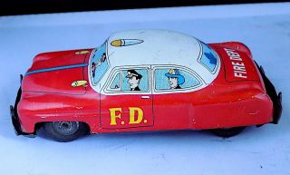 Vintage Tinplate Friction Drive Fire Department Car,  Made In Japan,  1960 