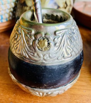 Vintage Argentina Alpaca Silver Gourd Yerba Mate Cup With Bombilla Straw