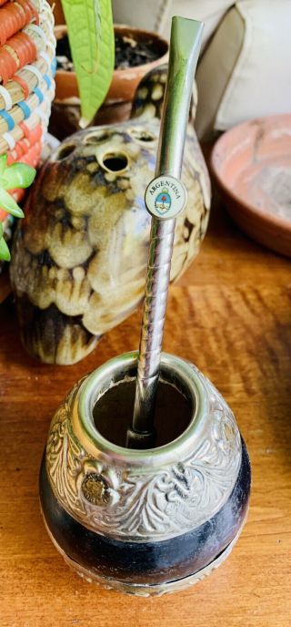 Vintage Argentina Alpaca Silver Gourd Yerba Mate Cup with Bombilla Straw 2