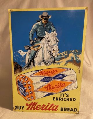 Vintage Lone Ranger Merita Bread Advertising Metal Sign 10 X 14 Very Good Color