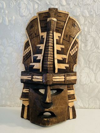 Hand Carved Wood Face Mask Wall Decor Hanging Art Tribal Vintage 16 " Aztec
