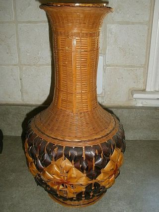 Large Vintage Wicker Rattan Basket Vase Floral Design 15 " Tall