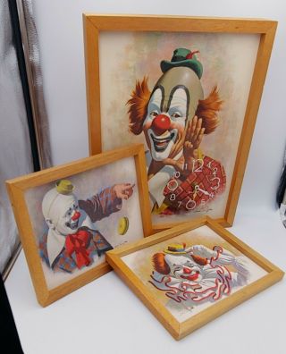 Exc Vtg Set Of 3 Arthur Sarnoff Happy Clown Wall Clock Framed Lithograph Signed
