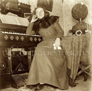 1880s Era Photo Glass Negative Ornate Pump Organ Pa Woman Naps Inlaid Iron Cross